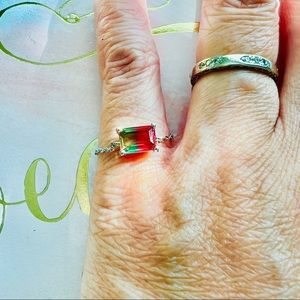 Watermelon Tourmaline Red Green Ombre Emerald Sterling Silver S925 Chain Ring